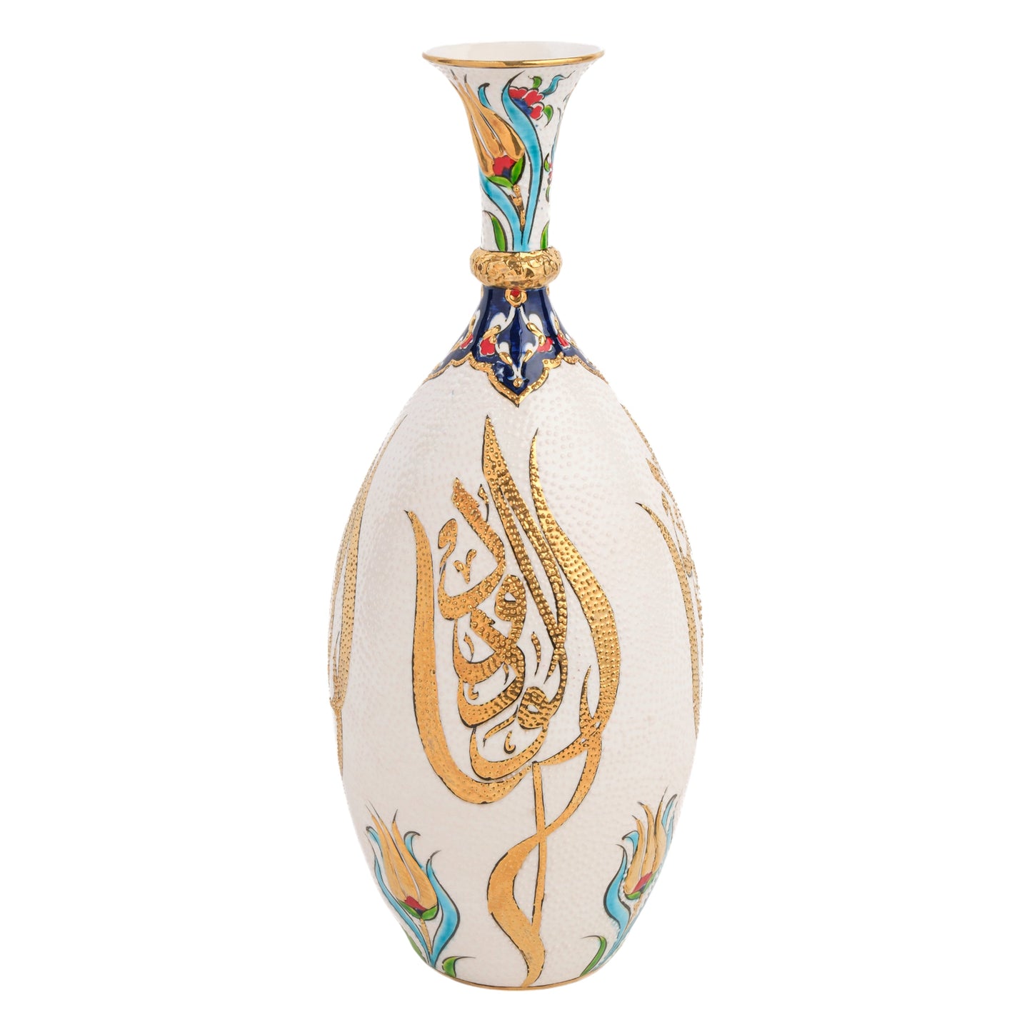 A hand-painted ceramic decorative bottle with Arabic calligraphy and floral motifs, primarily in gold and ivory colors.
