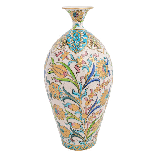 A hand-painted ceramic decorative bottle with a floral pattern, featuring gold, turquoise, and pink colors on a white background.