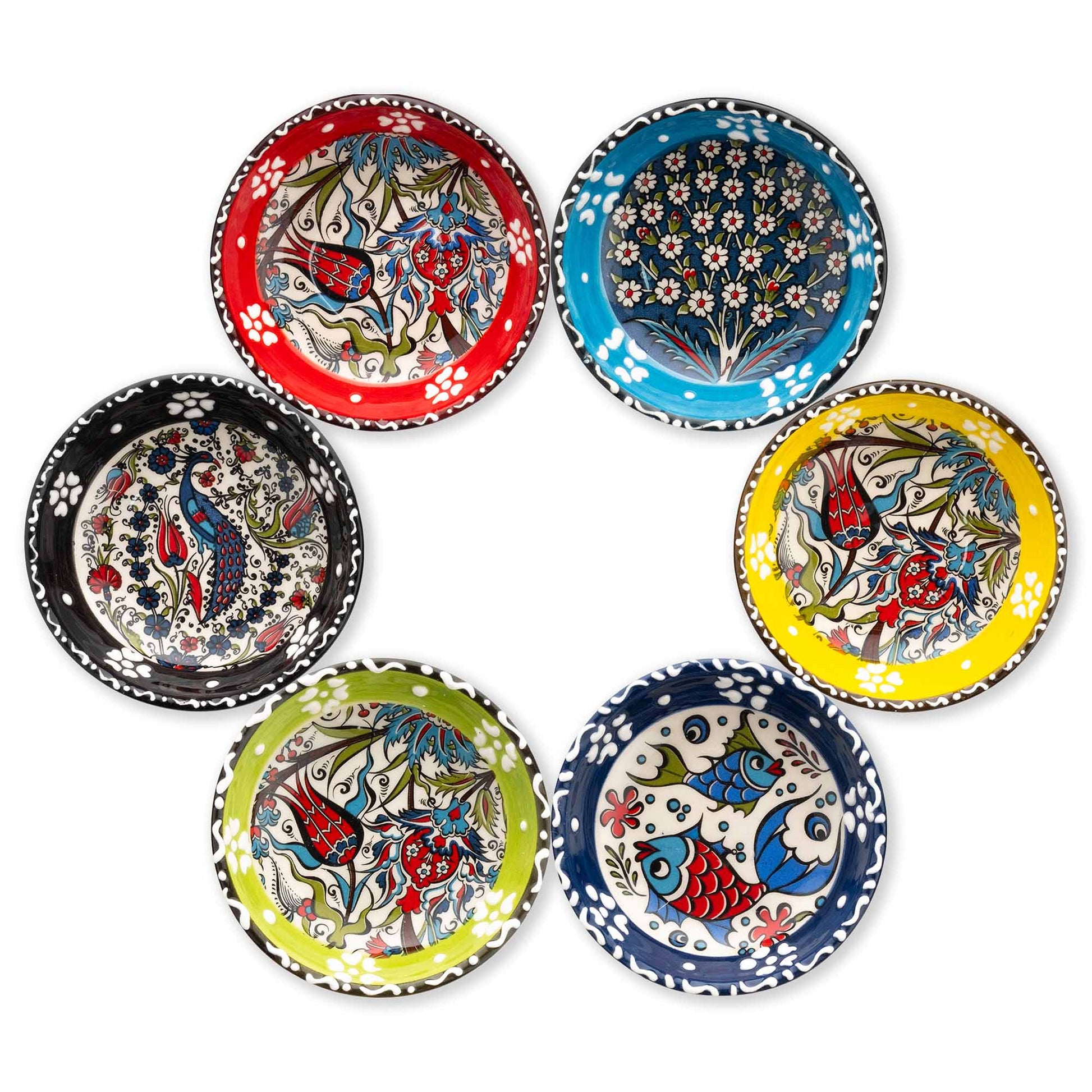 Set of six colorful ceramic bowls with intricate patterns on a white background