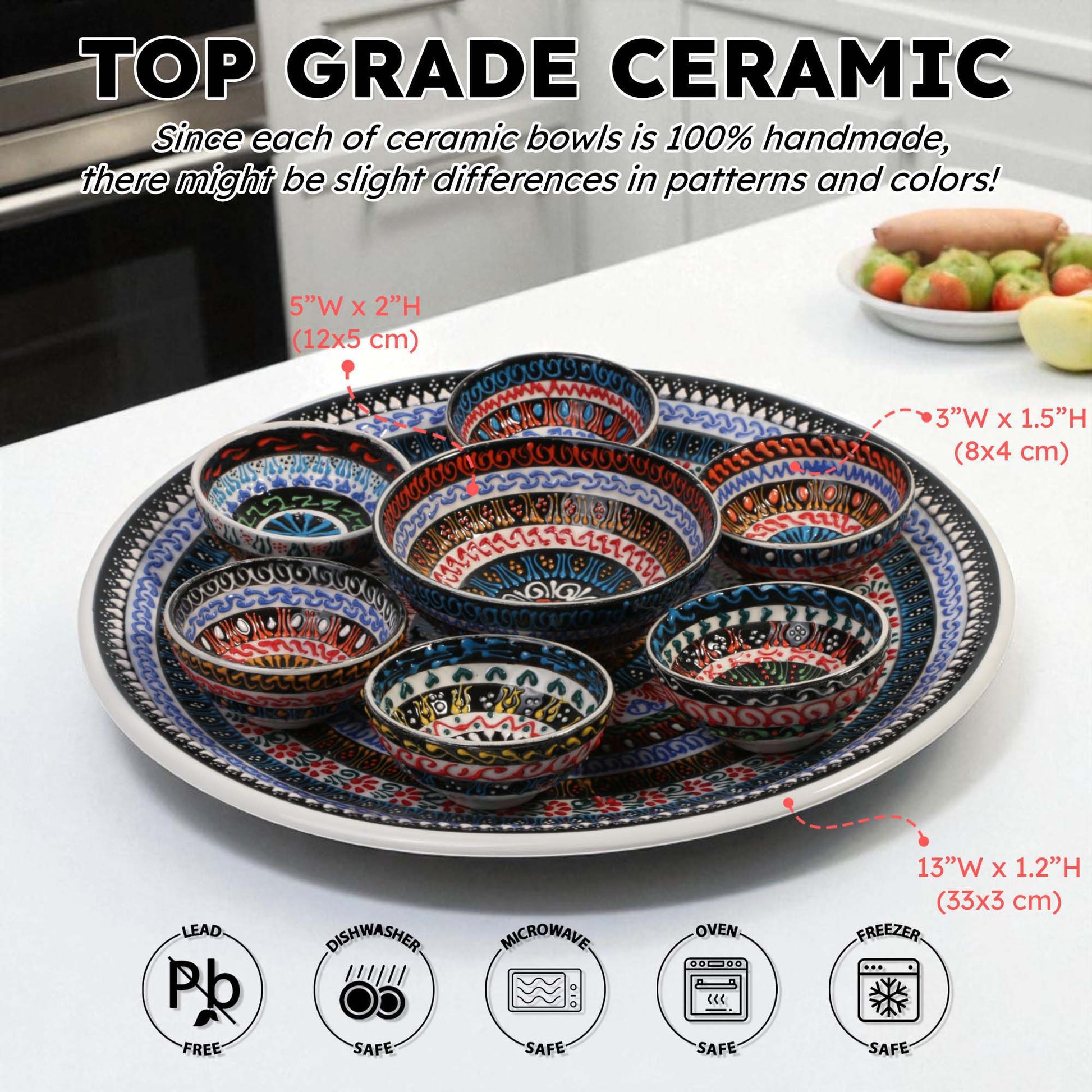 Set of colorful ceramic bowls on a white surface with product dimensions and safety information displayed.