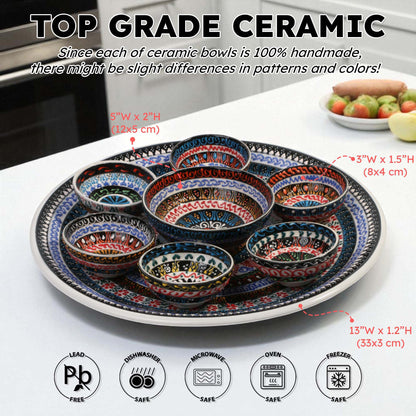 Set of colorful ceramic bowls on a white surface with product dimensions and safety information displayed.