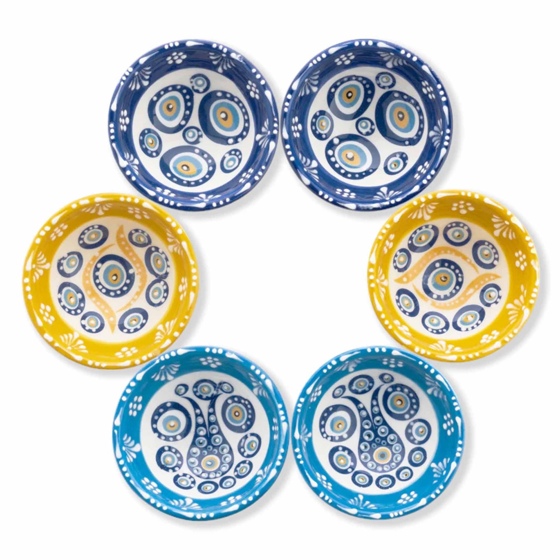 Set of six ceramic side dishes with blue and yellow decorative patterns on a white background