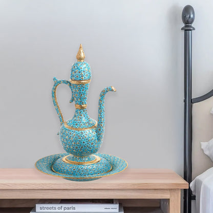 Hand-painted ceramic ewer and basin set with turquoise floral motifs and gold detailing. Tall Ottoman-inspired décor piece, perfect for display or gifting.