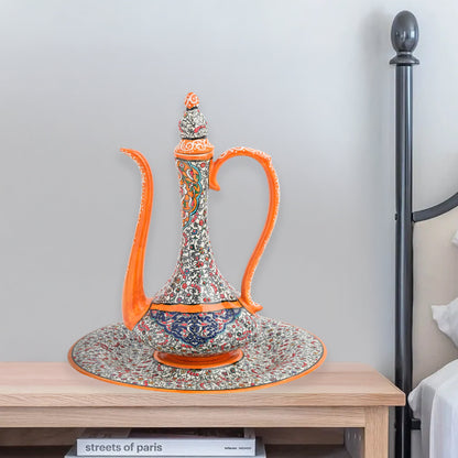 Hand-painted ceramic ewer and basin set with vivid orange accents and Ottoman floral motifs. Decorative artisan piece, 40 cm tall, perfect for cultural décor.