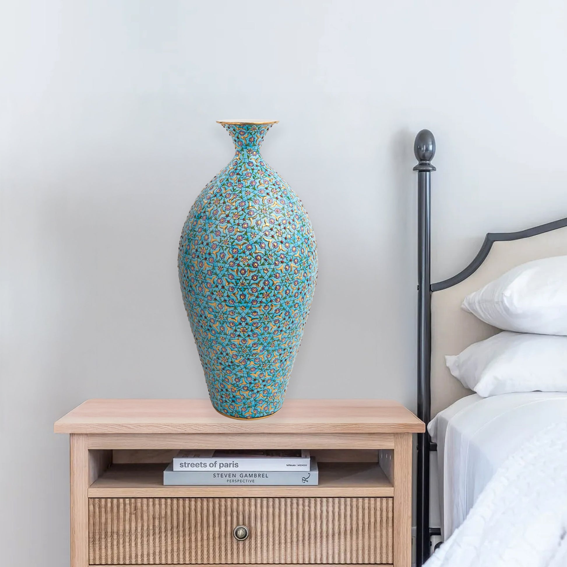 Hand-painted ceramic decorative bottle with floral motifs on turquoise base. Ottoman-inspired artisan vase, glossy glazed, perfect for décor or gifting.