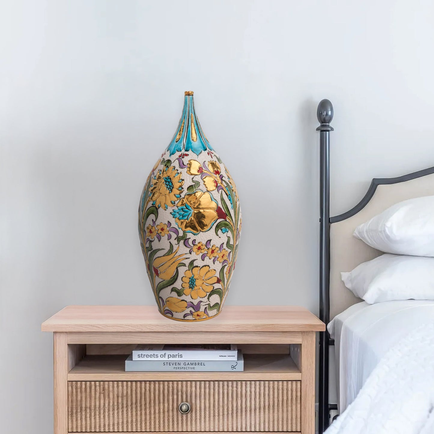 Hand-painted ceramic decorative bottle with Ottoman floral motifs and golden accents. Glossy glazed vase, artisan-made, perfect for elegant décor or gifts.