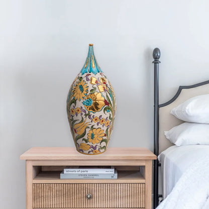 Hand-painted ceramic decorative bottle with Ottoman floral motifs and golden accents. Glossy glazed vase, artisan-made, perfect for elegant décor or gifts.