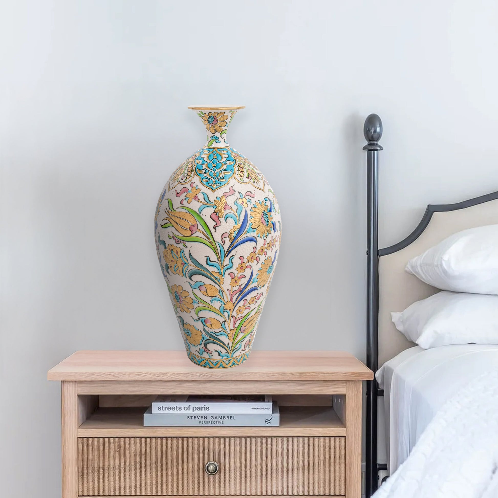 Hand-painted ceramic decorative bottle with pastel blossoms, golden tulips & Ottoman flourishes. Glossy glazed vase, artisan-made, perfect décor or gift.