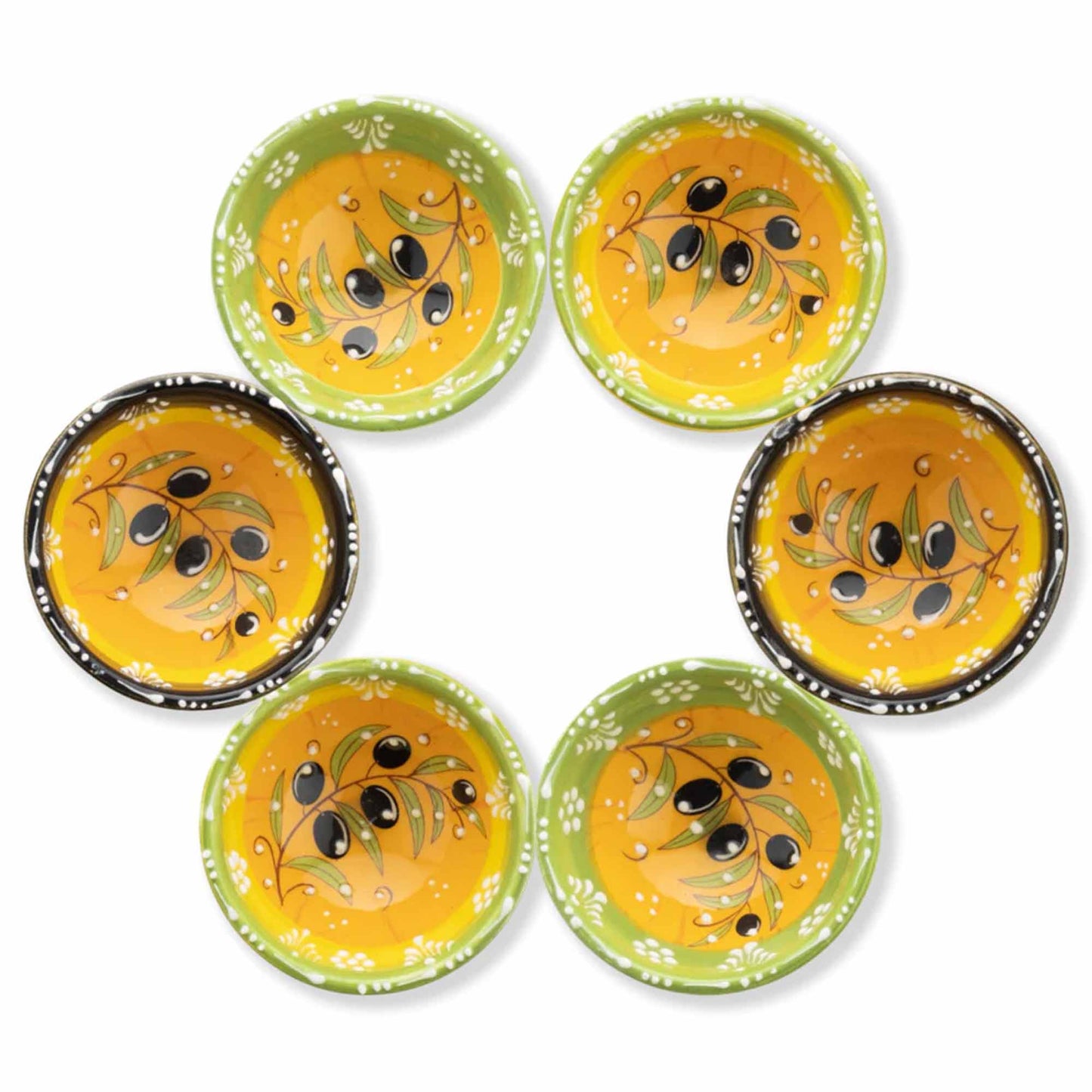 Set of six ceramic dip bowls with olive design on a white background