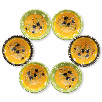 Set of six ceramic dip bowls with olive design on a white background