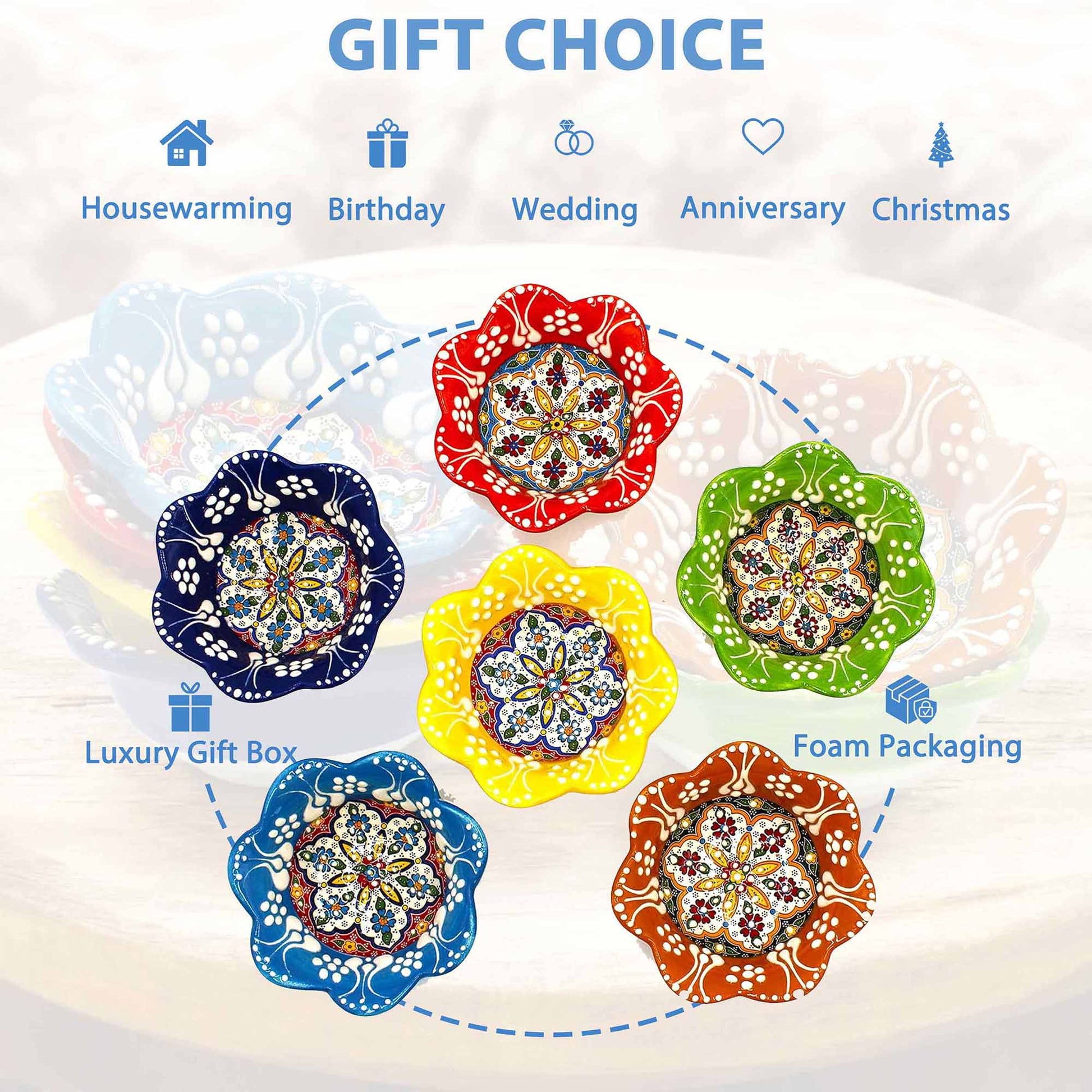 Decorative bowls in various colors with gift options and packaging information on a white background.