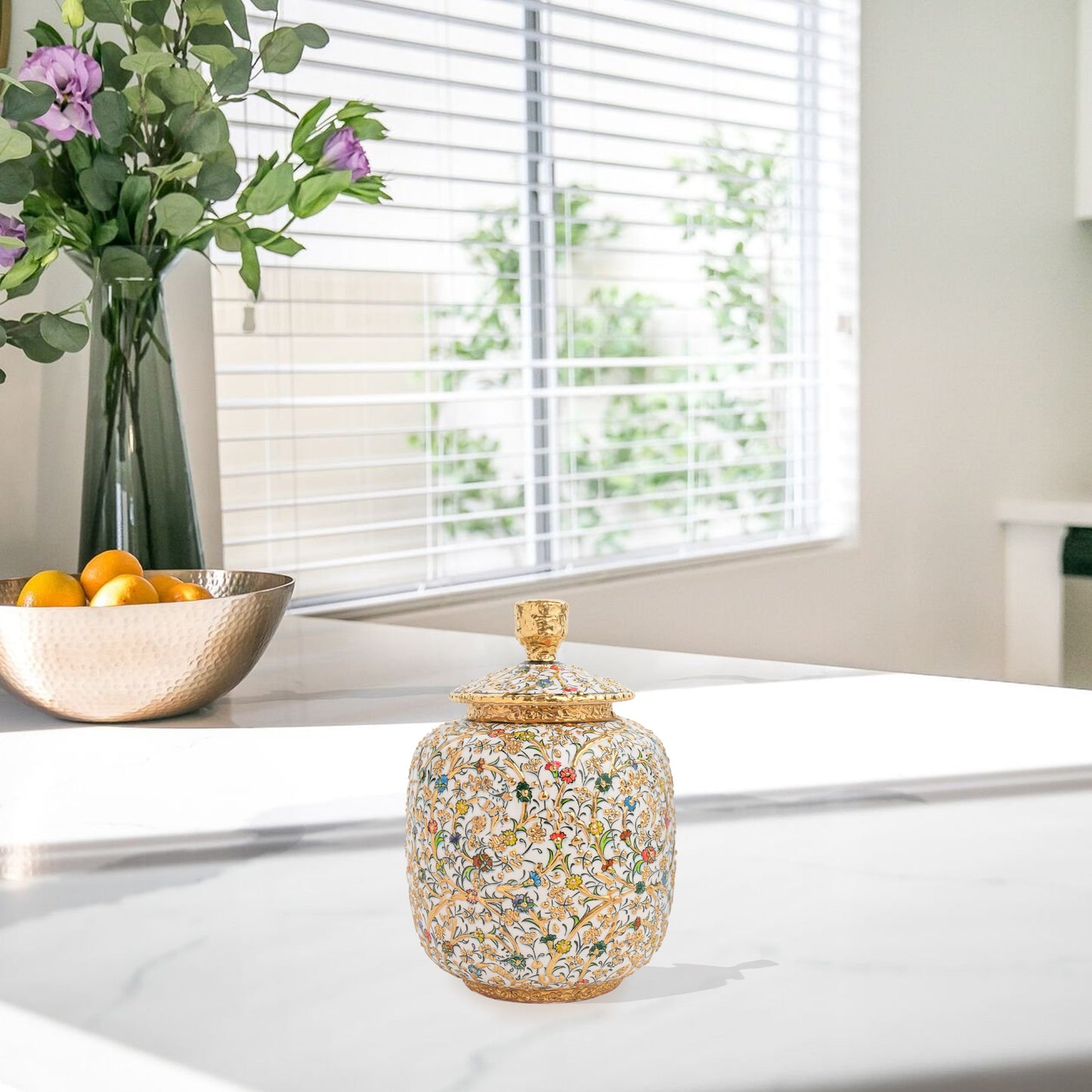 Hand-painted Golden Blossom ceramic jar with colorful floral motifs and gold accents. Lidded artisan jar, ideal for honey, ginger, spices, or elegant décor.