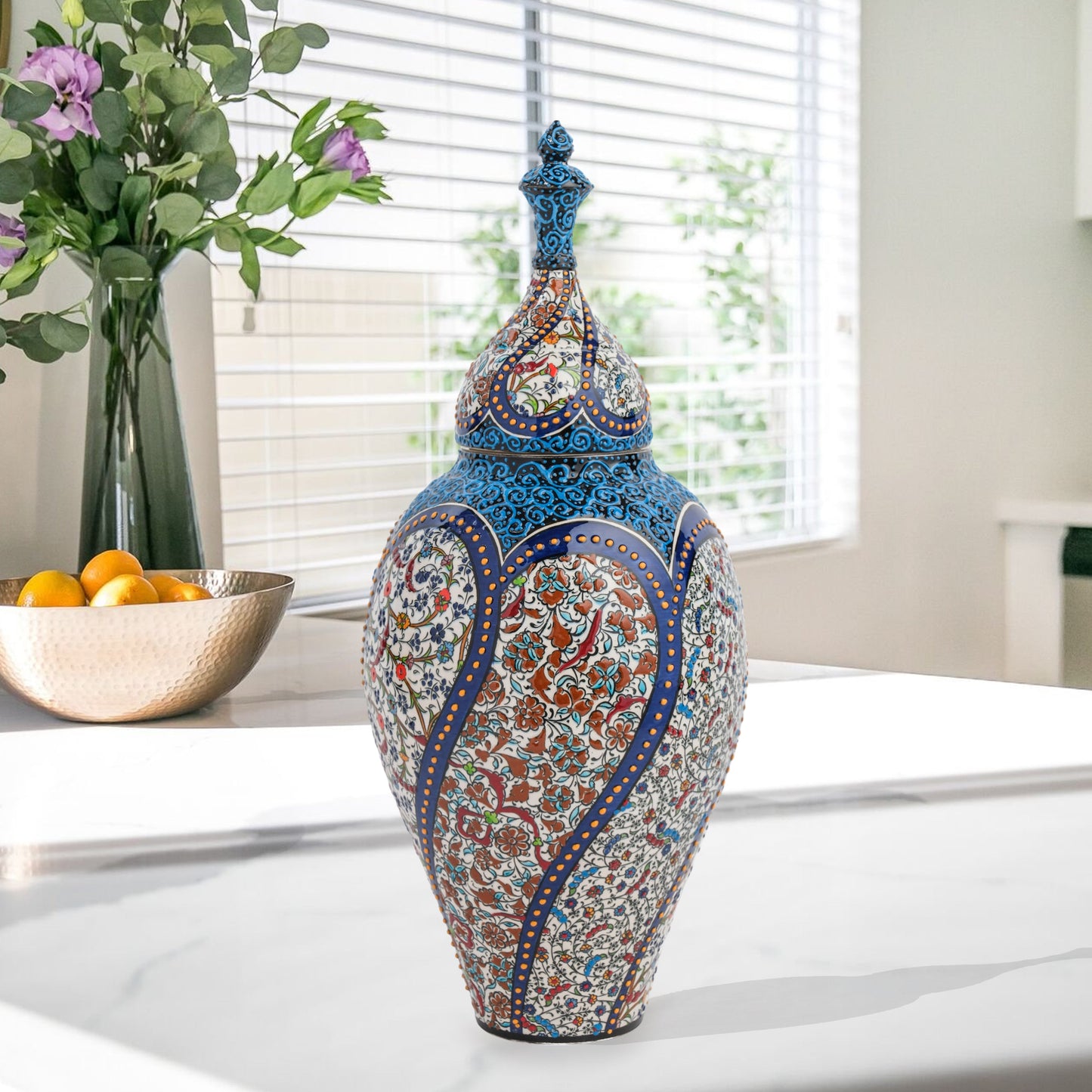Hand-painted Vizier Mosaic ceramic canister with Ottoman floral tile motifs in cobalt, turquoise & earth tones. Tall lidded vase, perfect décor or gift.