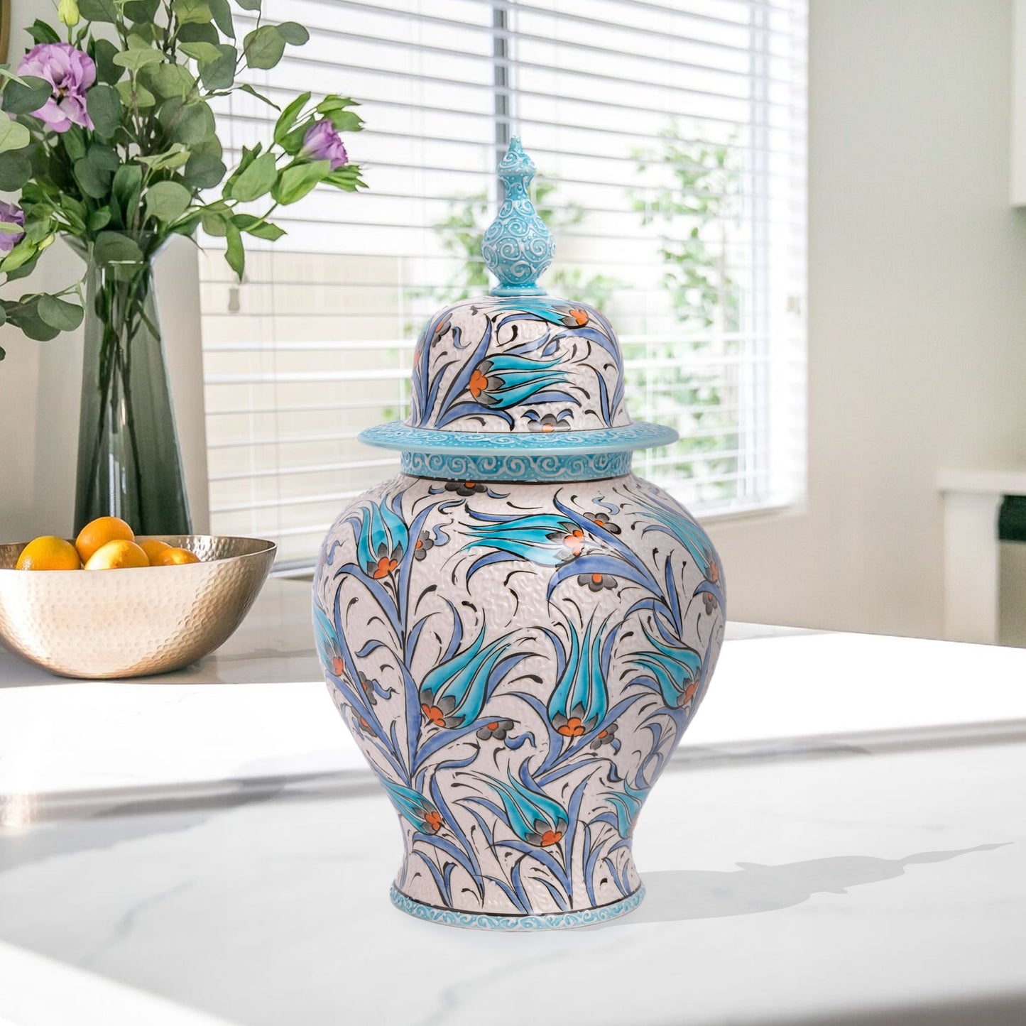 Hand-painted Blue Tulip ceramic jar with Ottoman floral motifs in blue and orange. Finished with turquoise lid, artisan-made, perfect décor or collector’s gift.