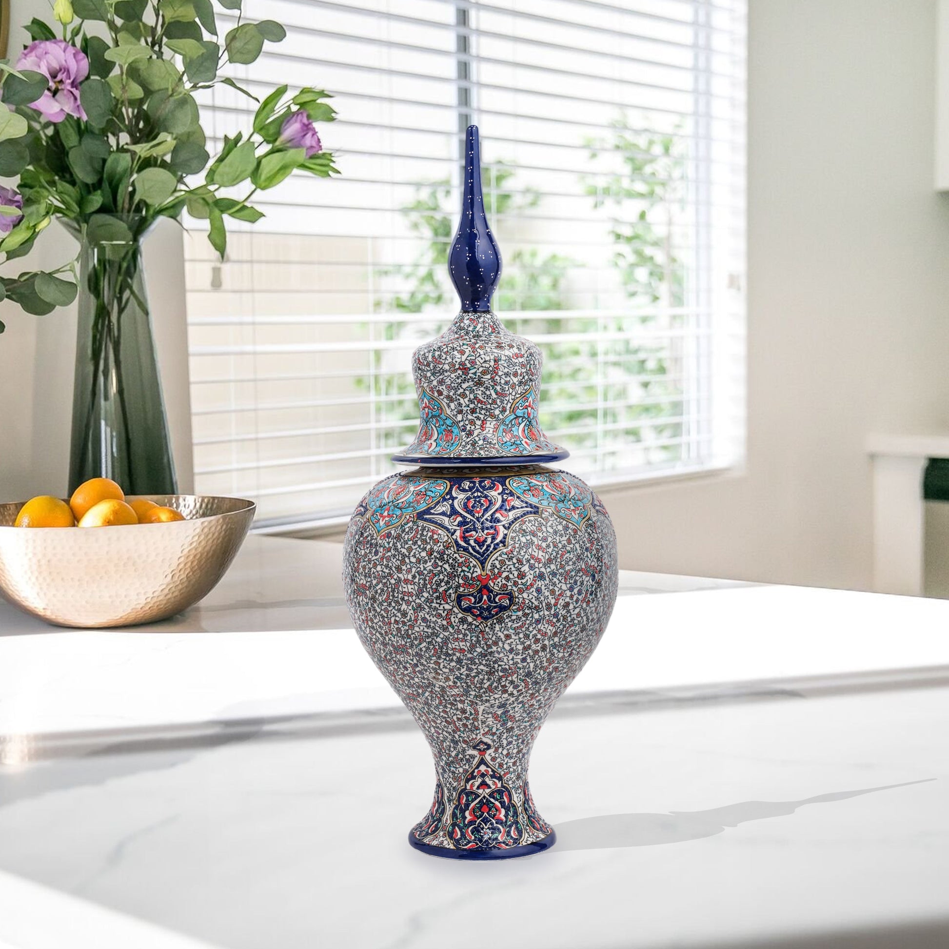 Hand-painted Sultan Elegance ceramic jar with Ottoman floral motifs in navy, teal & crimson. Tall finial lid design, artisan-made, perfect décor or gift.