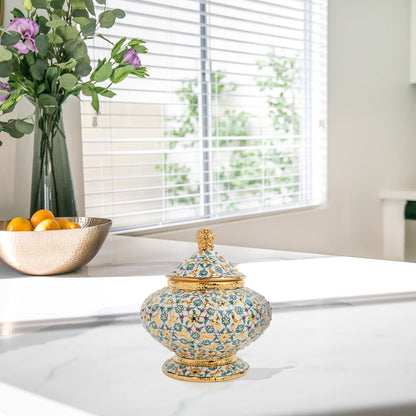 Hand-painted Golden Bloom ceramic jar with turquoise flowers and gold accents. Lidded artisan jar, perfect as honey pot, candy bowl, or luxury décor gift.