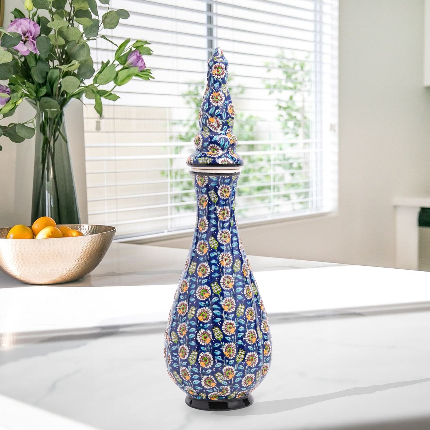 Hand-painted Nightingale’s Eye ceramic vase with Ottoman floral motifs on navy. Elegant tall form with lid, artisan-crafted, perfect décor or gift.