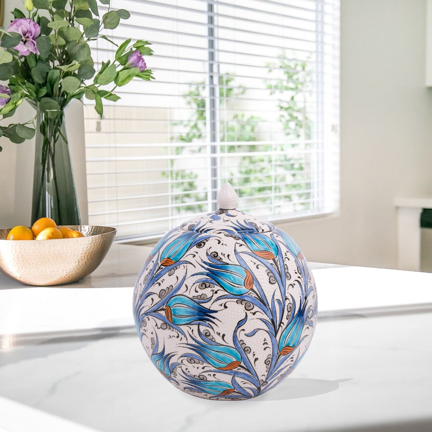 Hand-painted Turquoise Tulip globe jar with Ottoman floral motifs in turquoise & cobalt. Spherical ceramic design, artisan-made, perfect décor or gift.