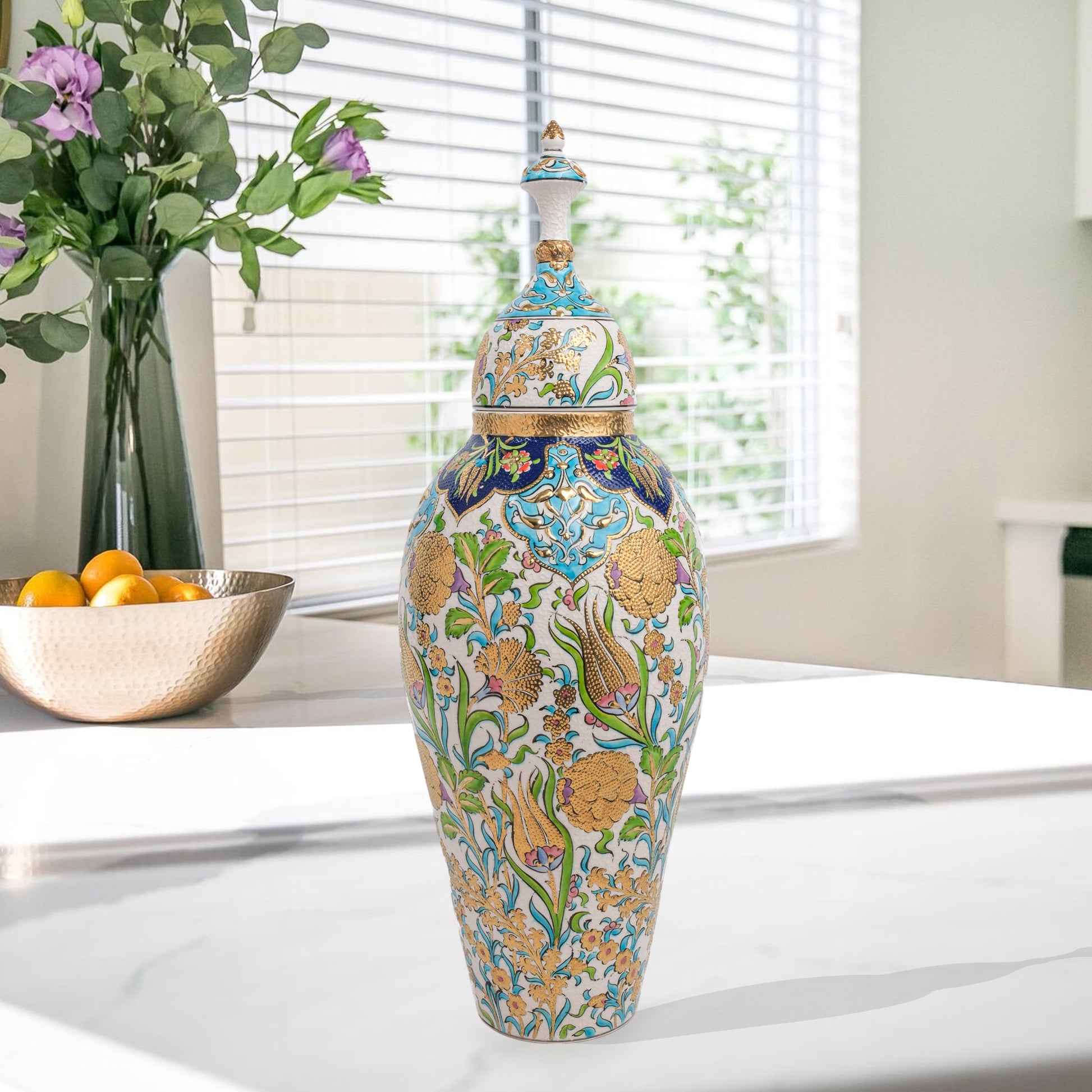 Hand-painted Vizier Blossom ceramic canister with golden Ottoman florals, tulips & hyacinths. Tall lidded vase with glossy glaze, perfect décor or gift.