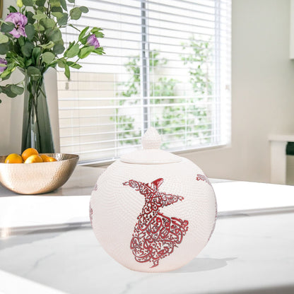 Hand-painted Whirling Dervish ceramic globe jar with Arabic calligraphy design. Available in red or blue, artisan-made, perfect for spiritual décor or gifts.