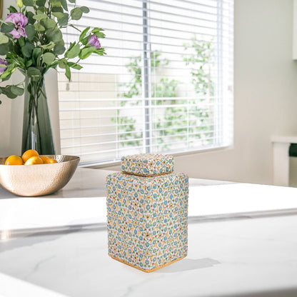Handmade Ceramic Jar, Turquoise Bloom Decorative Jar with Lid, Ceramic Square Jar