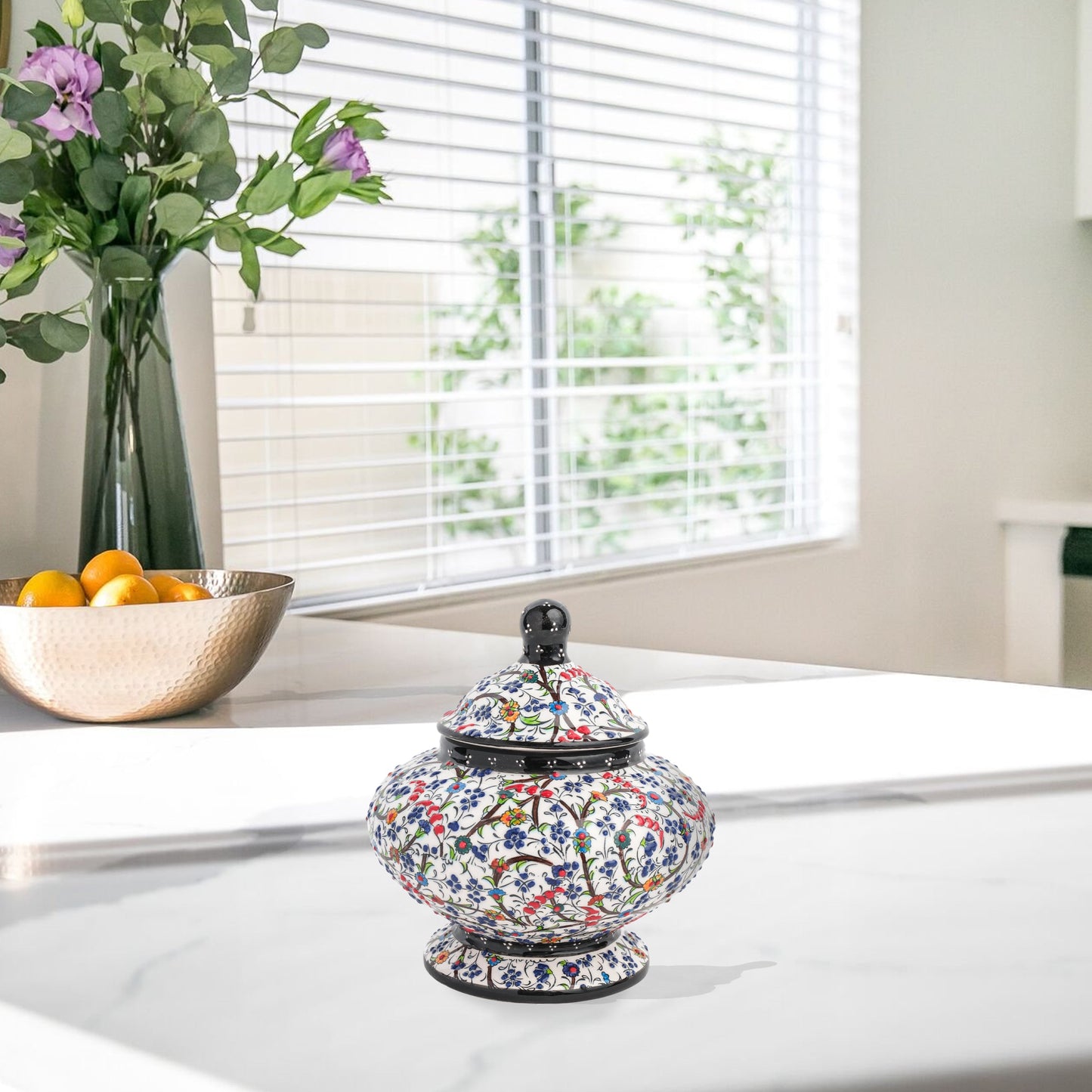 Hand-painted Floral Meadow ceramic jar with multicolor wildflowers on white, black rim & finial. Lidded artisan jar, perfect as honey pot, candy bowl, or gift.