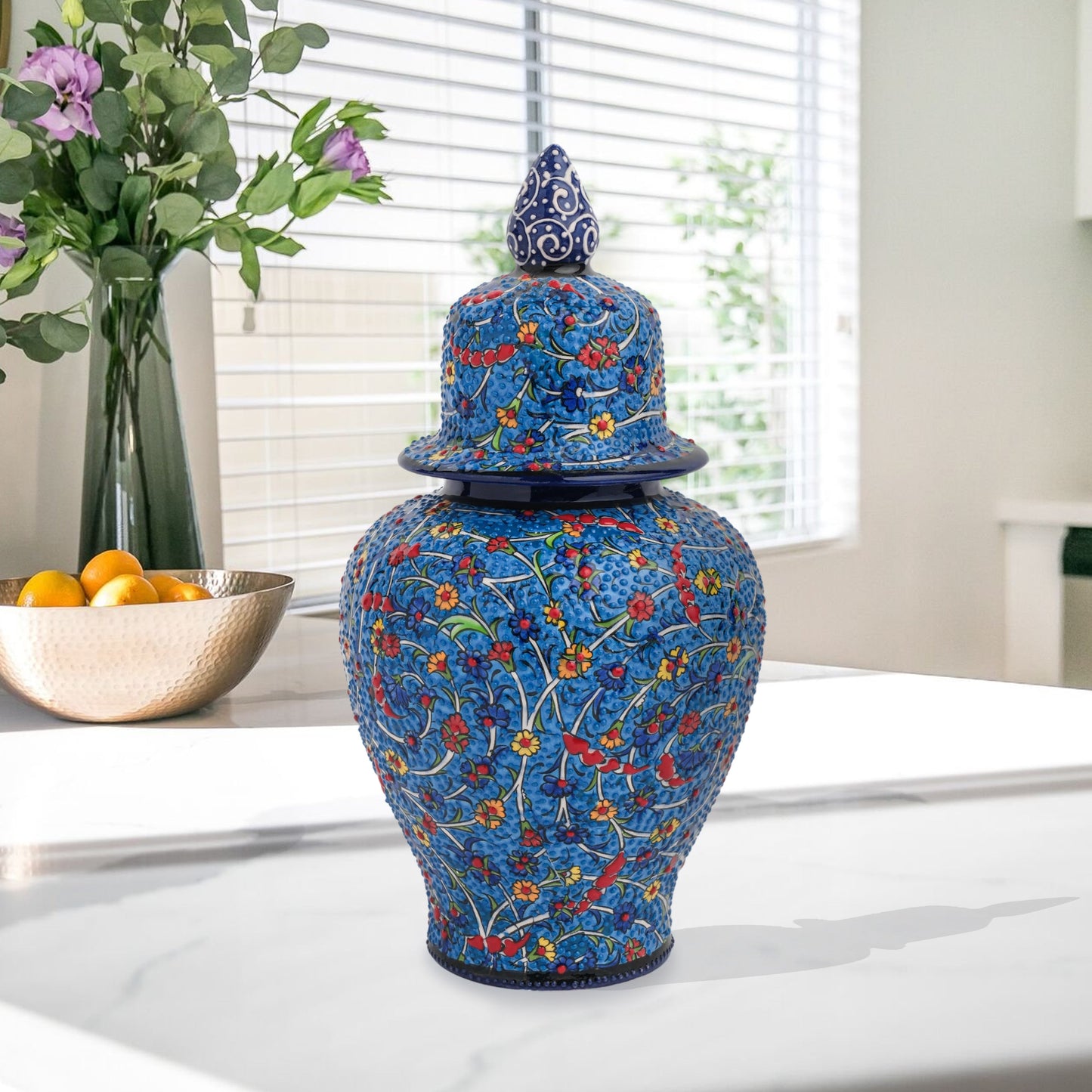 Hand-painted Blossom Night ceramic jar with vivid yellow, red & blue florals on cobalt base. Glossy artisan jar with ornate finial, perfect décor or gift.