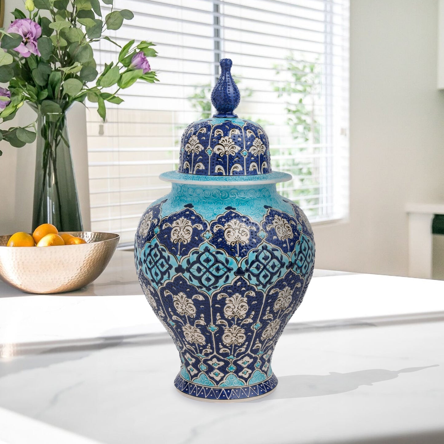 Handmade Ceramic Jar, Ottoman Blue Decorative Jar with Lid, Ceramic Ginger Jar