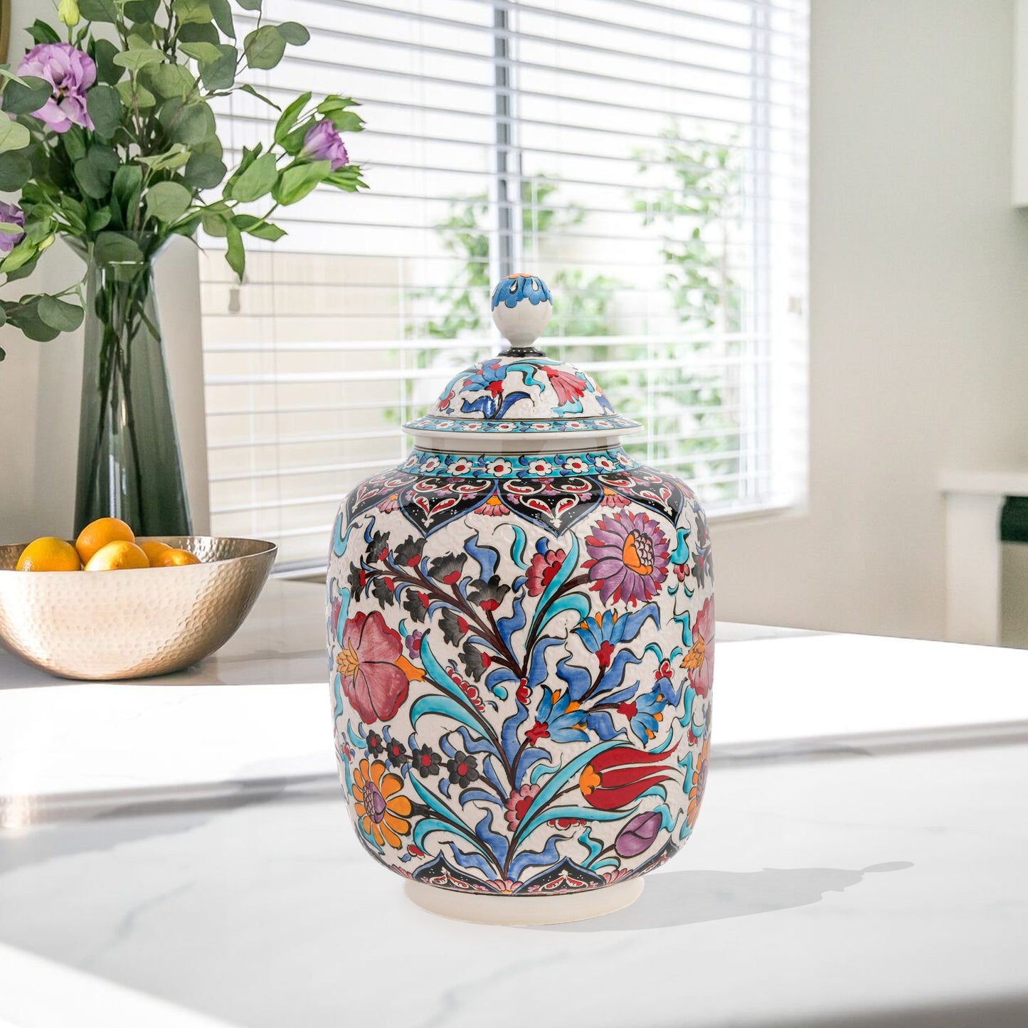 Hand-painted Garden Bloom ceramic jar with multicolor Ottoman floral motifs. Tall canister design, artisan-made, perfect for storage, décor, or gifting.