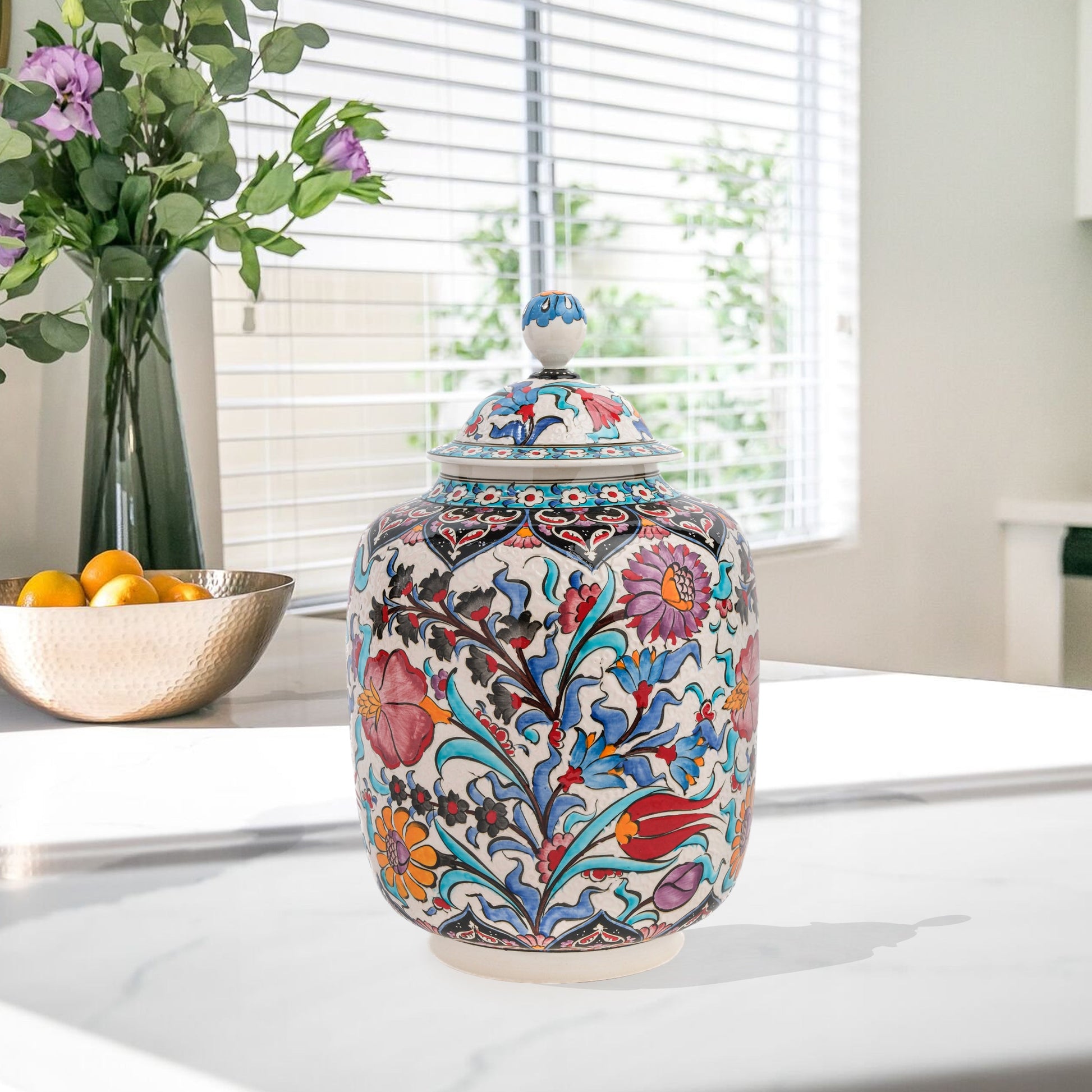 Hand-painted Garden Bloom ceramic jar with multicolor Ottoman floral motifs. Tall canister design, artisan-made, perfect for storage, décor, or gifting.