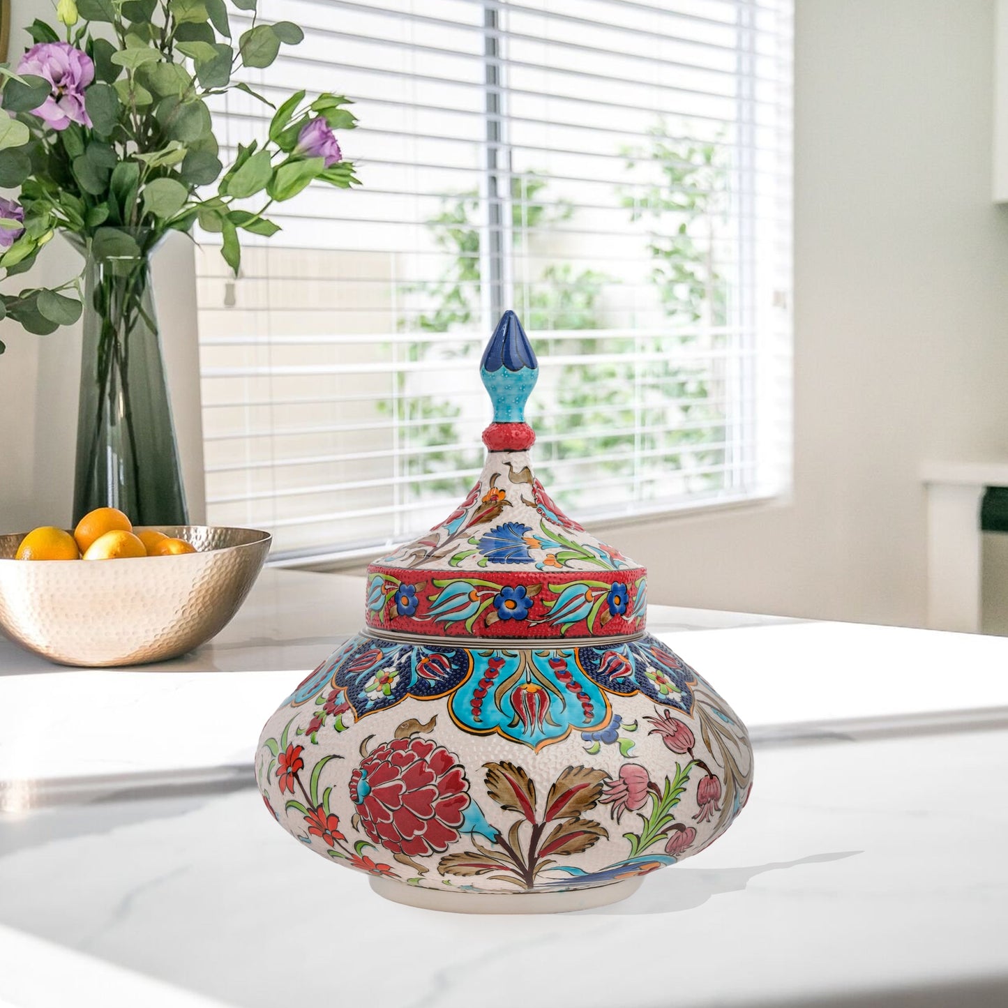 Hand-painted Vizier Bloom ceramic jar with vivid Ottoman floral motifs and turquoise finial lid. Wide-bodied artisan jar, perfect as candy bowl, décor, or gift.