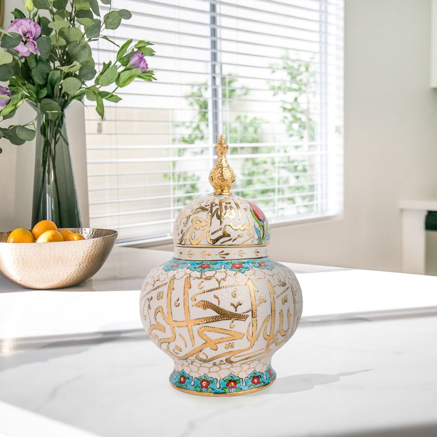 Hand-painted Vizier Bloom ceramic jar with vivid Ottoman floral motifs and turquoise finial lid. Wide-bodied artisan jar, perfect as candy bowl, décor, or gift.