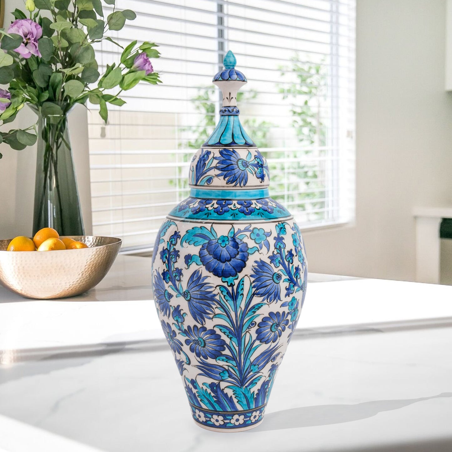 Hand-painted Vizier Blue ceramic canister with Ottoman floral motifs in cobalt, turquoise & azure. Tall lidded vase, artisan-made, perfect décor or gift.