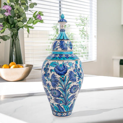 Hand-painted Vizier Blue ceramic canister with Ottoman floral motifs in cobalt, turquoise & azure. Tall lidded vase, artisan-made, perfect décor or gift.