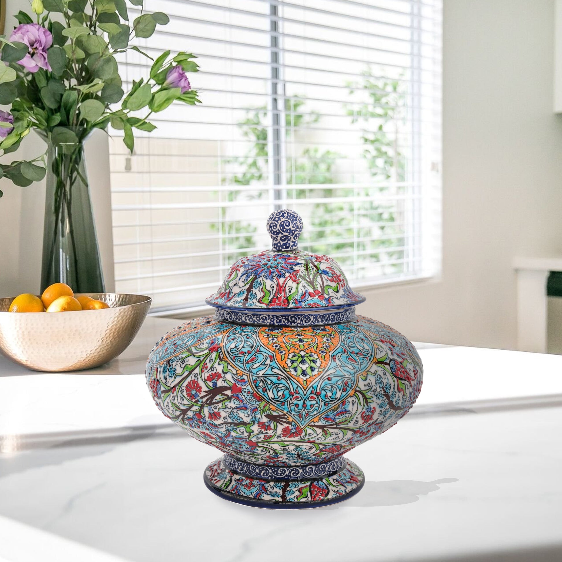 Hand-painted Royal Ornament ceramic jar with Ottoman floral and geometric motifs in turquoise, orange & navy. Wide artisan jar, perfect décor or luxury gift.
