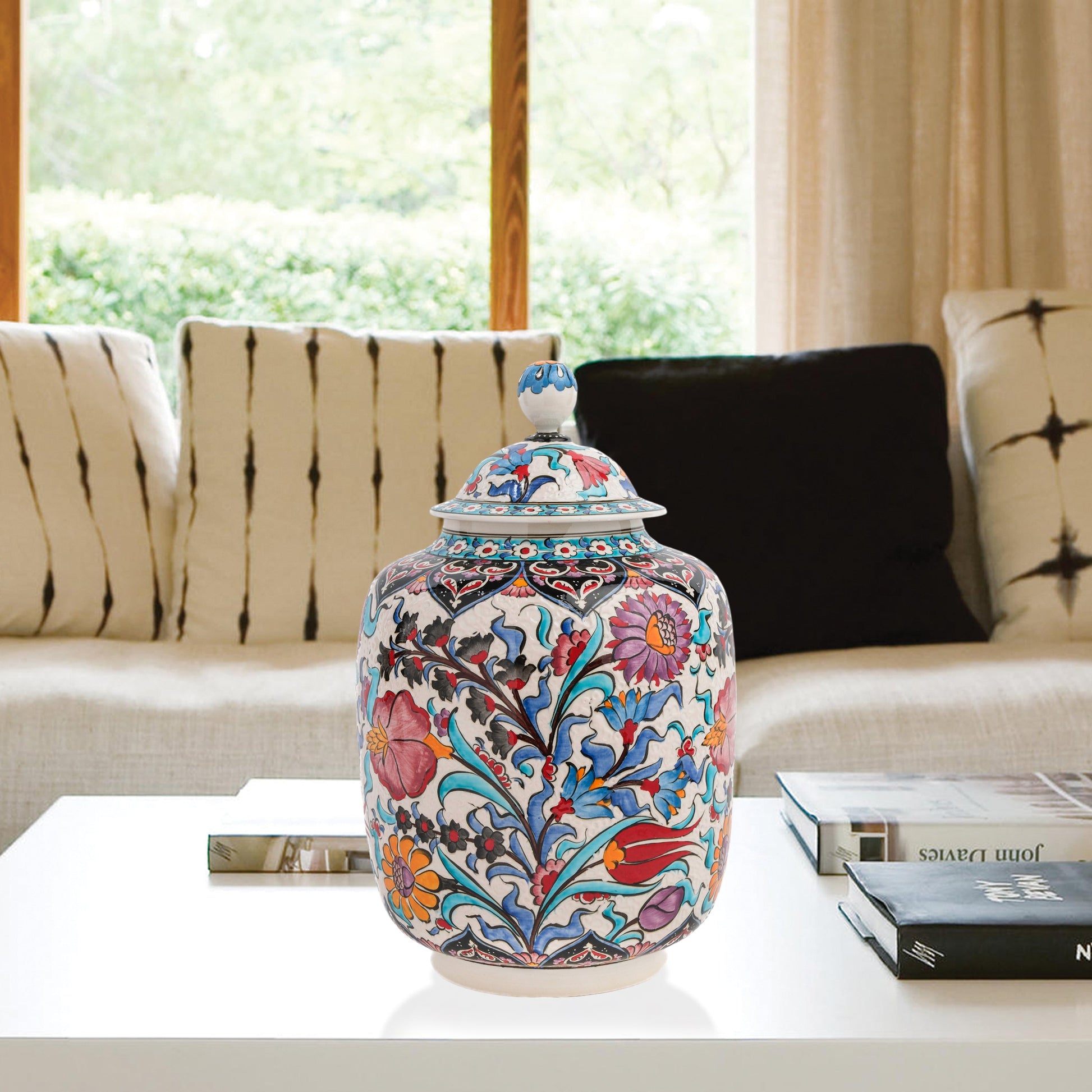 Hand-painted Garden Bloom ceramic jar with multicolor Ottoman floral motifs. Tall canister design, artisan-made, perfect for storage, décor, or gifting.