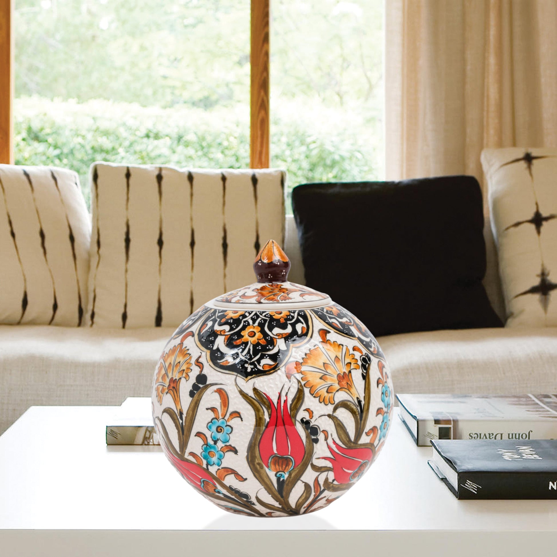 Hand-painted Red Tulip globe jar with Ottoman floral motifs in red, blue & gold. Glossy round ceramic jar, artisan-crafted, perfect décor or thoughtful gift.