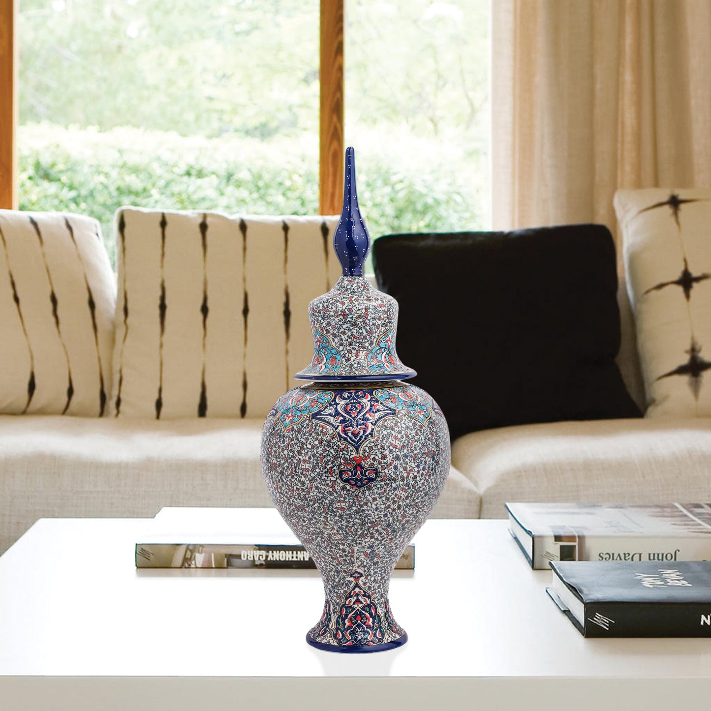 Hand-painted Sultan Elegance ceramic jar with Ottoman floral motifs in navy, teal & crimson. Tall finial lid design, artisan-made, perfect décor or gift.