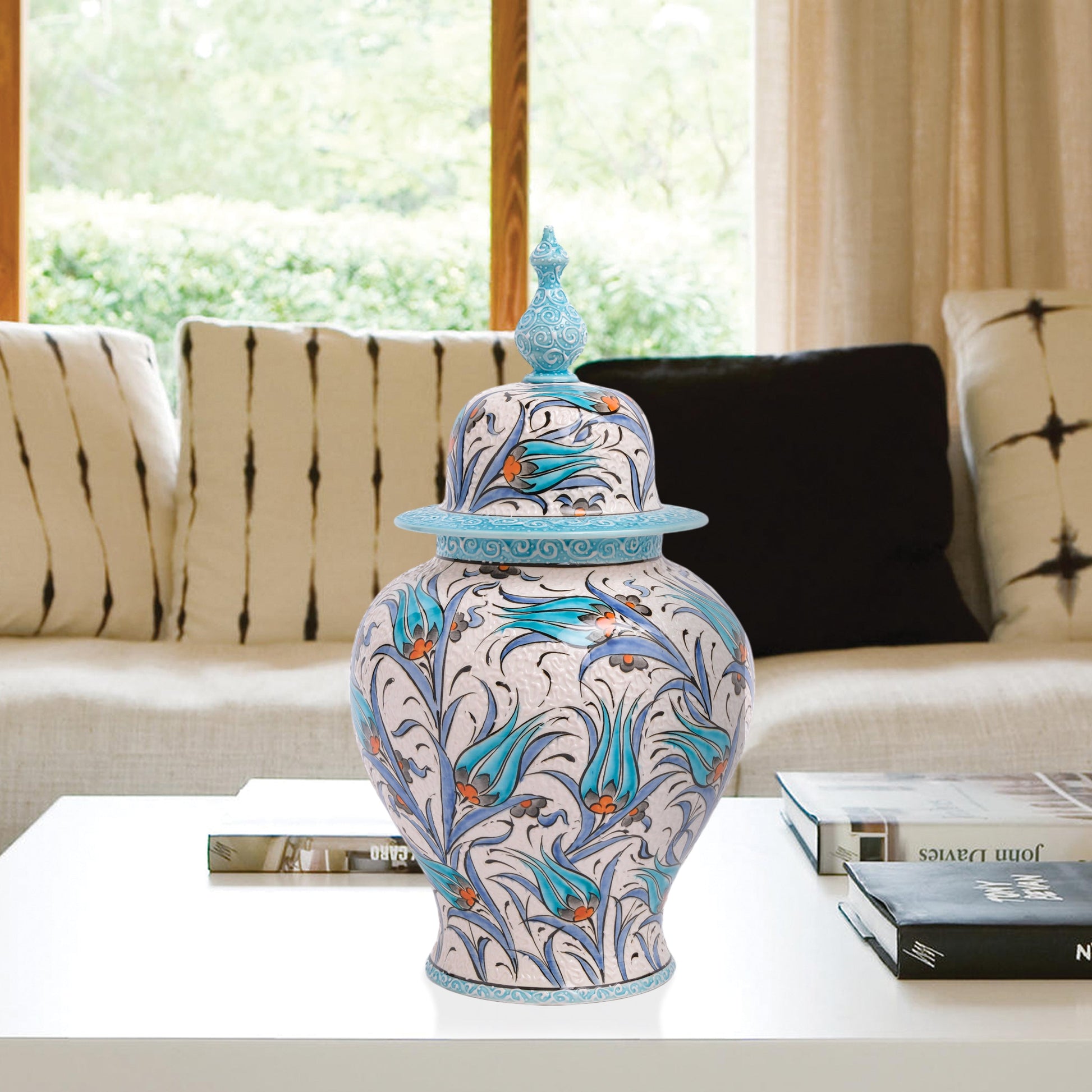 Hand-painted Blue Tulip ceramic jar with Ottoman floral motifs in blue and orange. Finished with turquoise lid, artisan-made, perfect décor or collector’s gift.