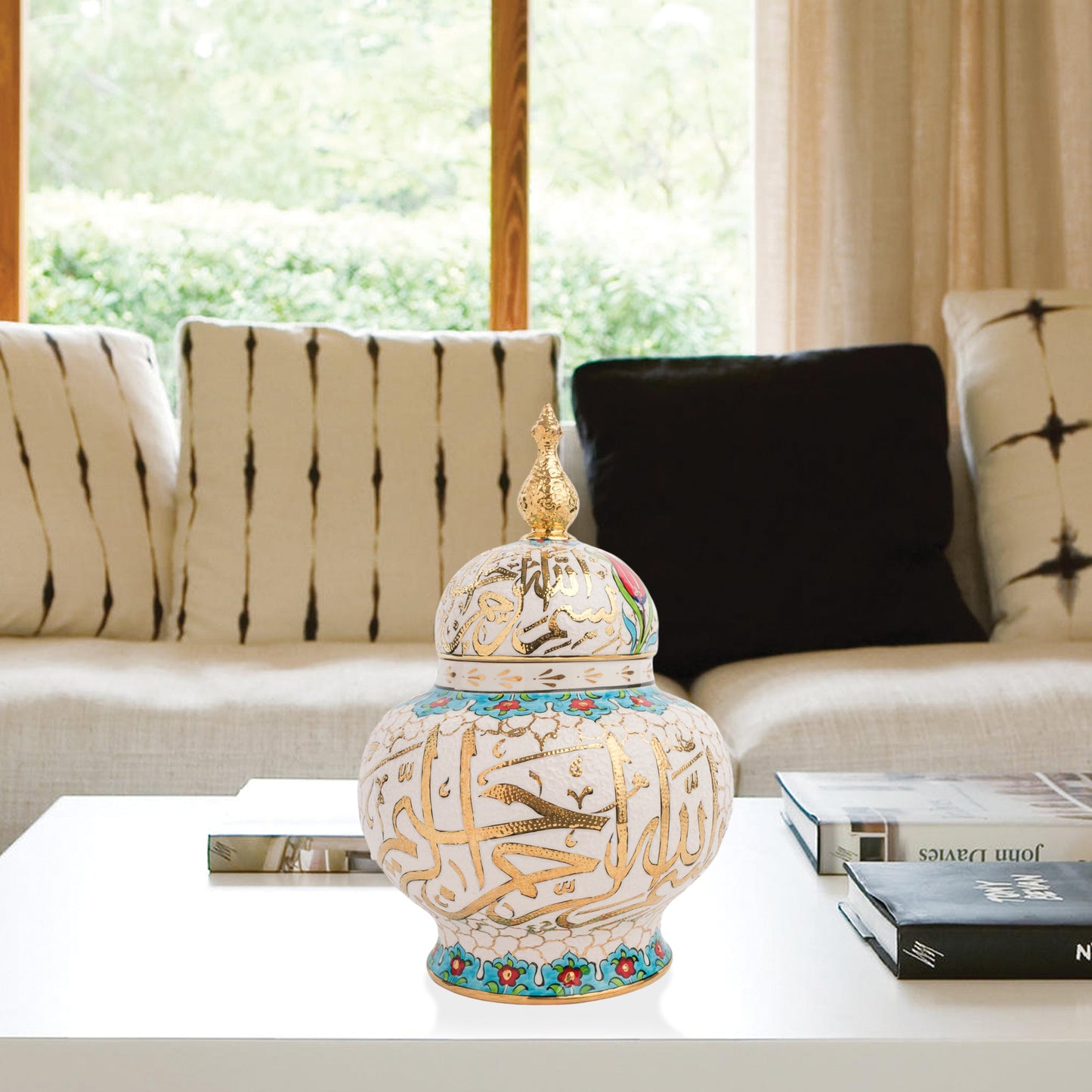 Hand-painted Vizier Bloom ceramic jar with vivid Ottoman floral motifs and turquoise finial lid. Wide-bodied artisan jar, perfect as candy bowl, décor, or gift.