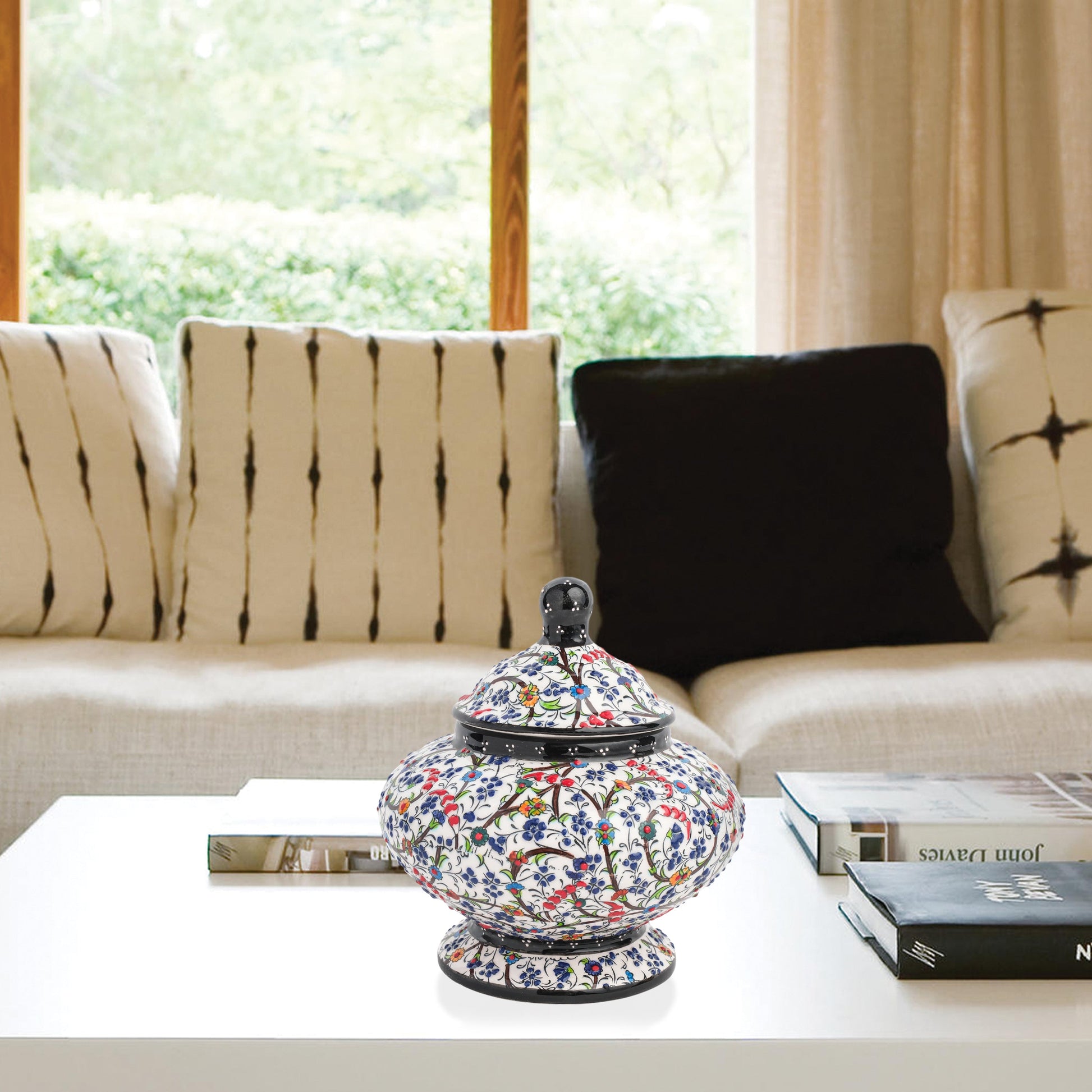 Hand-painted Floral Meadow ceramic jar with multicolor wildflowers on white, black rim & finial. Lidded artisan jar, perfect as honey pot, candy bowl, or gift.