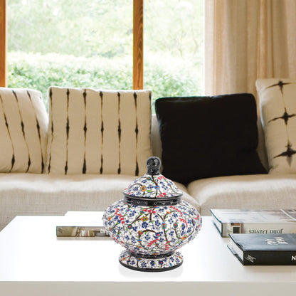 Hand-painted Floral Meadow ceramic jar with multicolor wildflowers on white, black rim & finial. Lidded artisan jar, perfect as honey pot, candy bowl, or gift.