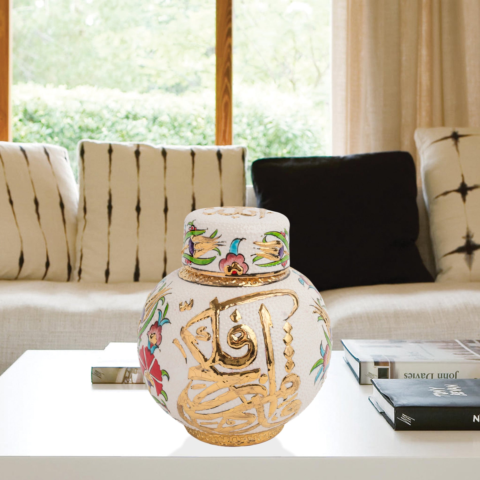 Hand-painted Gold Calligraphy ceramic jar with Ottoman floral motifs & Arabic script. Round melon-shaped design, glossy glazed, perfect décor or gift.