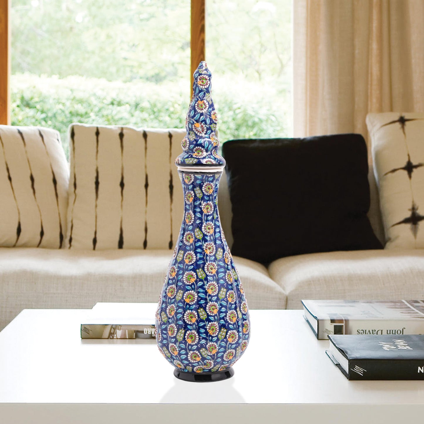Hand-painted Nightingale’s Eye ceramic vase with Ottoman floral motifs on navy. Elegant tall form with lid, artisan-crafted, perfect décor or gift.