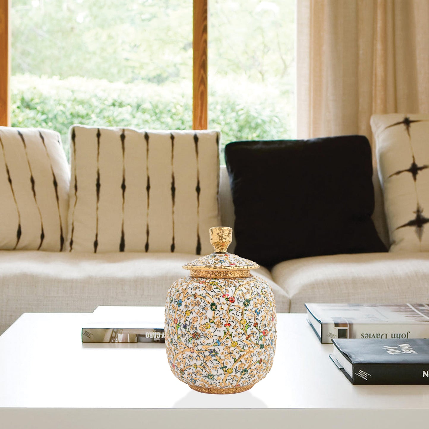 Hand-painted Golden Blossom ceramic jar with colorful floral motifs and gold accents. Lidded artisan jar, ideal for honey, ginger, spices, or elegant décor.