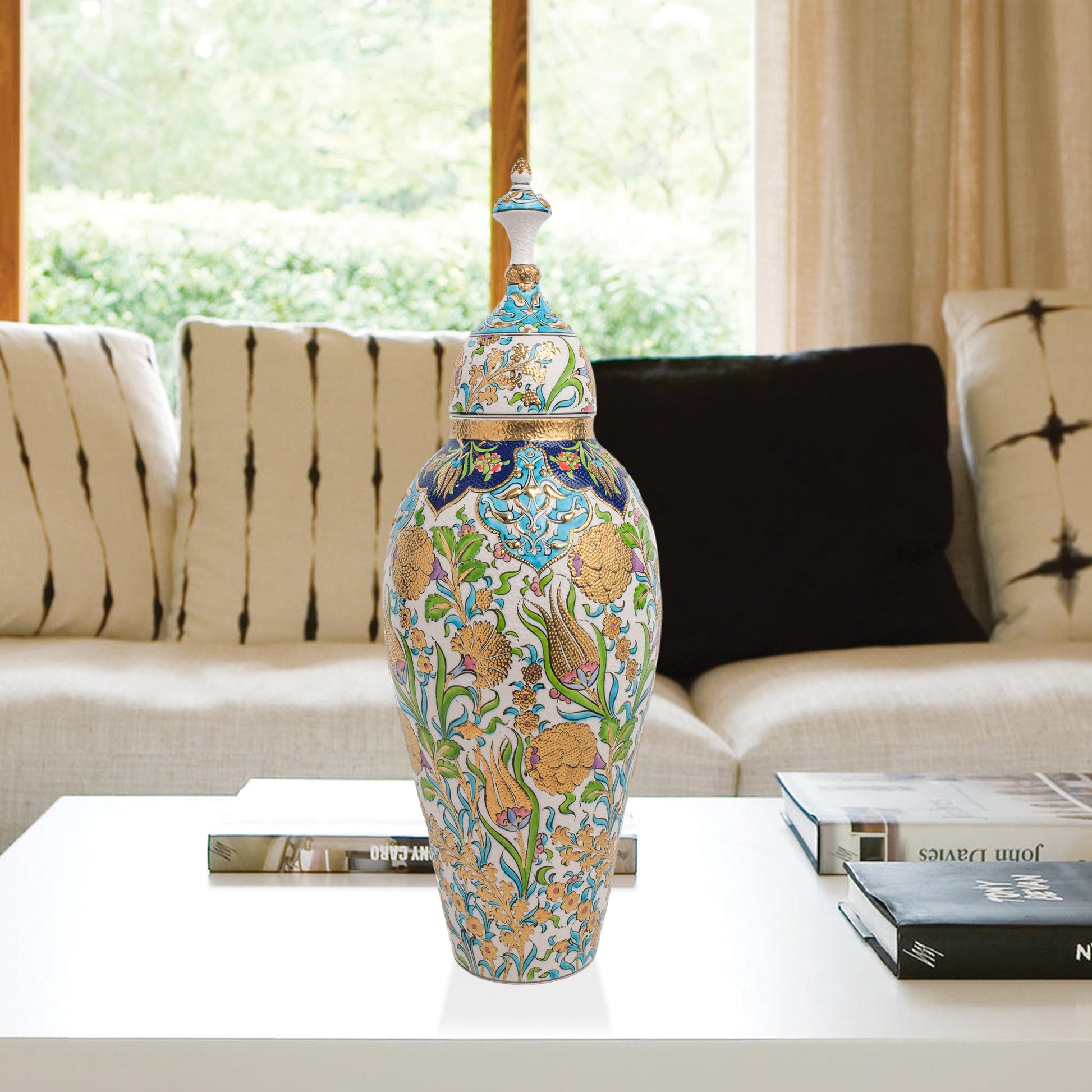 Hand-painted Vizier Blossom ceramic canister with golden Ottoman florals, tulips & hyacinths. Tall lidded vase with glossy glaze, perfect décor or gift.