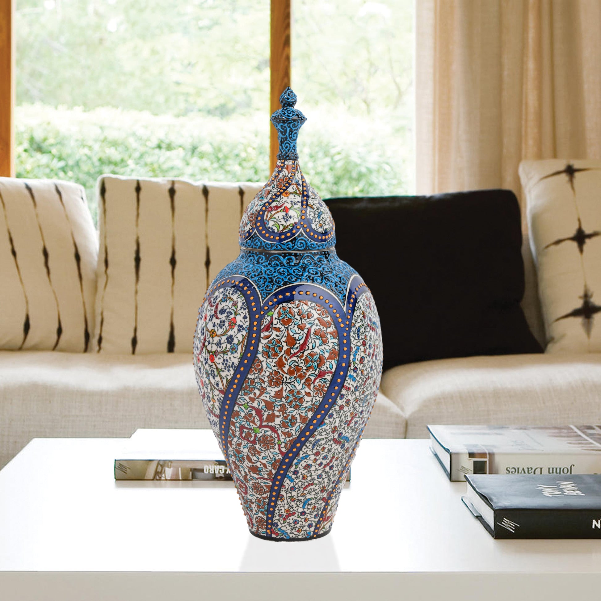 Hand-painted Vizier Mosaic ceramic canister with Ottoman floral tile motifs in cobalt, turquoise & earth tones. Tall lidded vase, perfect décor or gift.