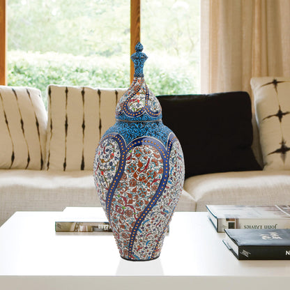Hand-painted Vizier Mosaic ceramic canister with Ottoman floral tile motifs in cobalt, turquoise & earth tones. Tall lidded vase, perfect décor or gift.