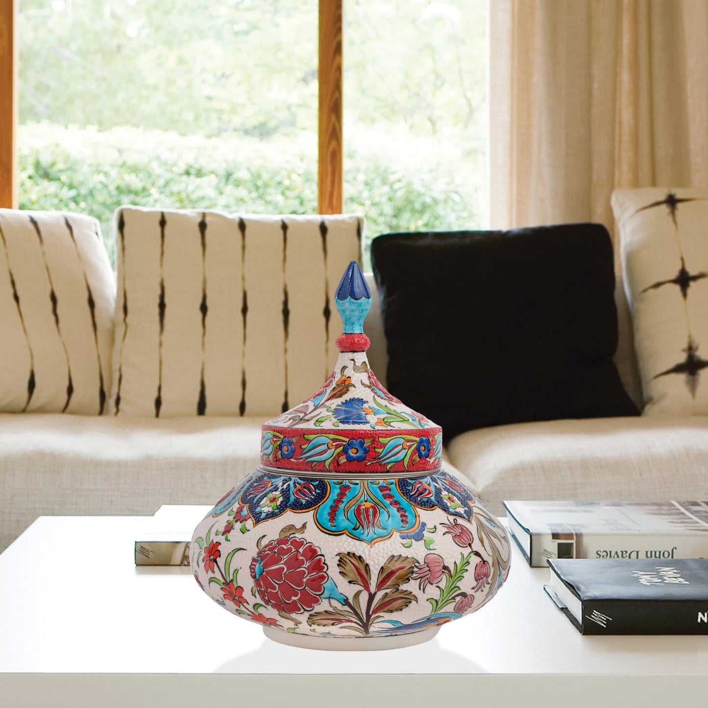 Hand-painted Vizier Bloom ceramic jar with vivid Ottoman floral motifs and turquoise finial lid. Wide-bodied artisan jar, perfect as candy bowl, décor, or gift.