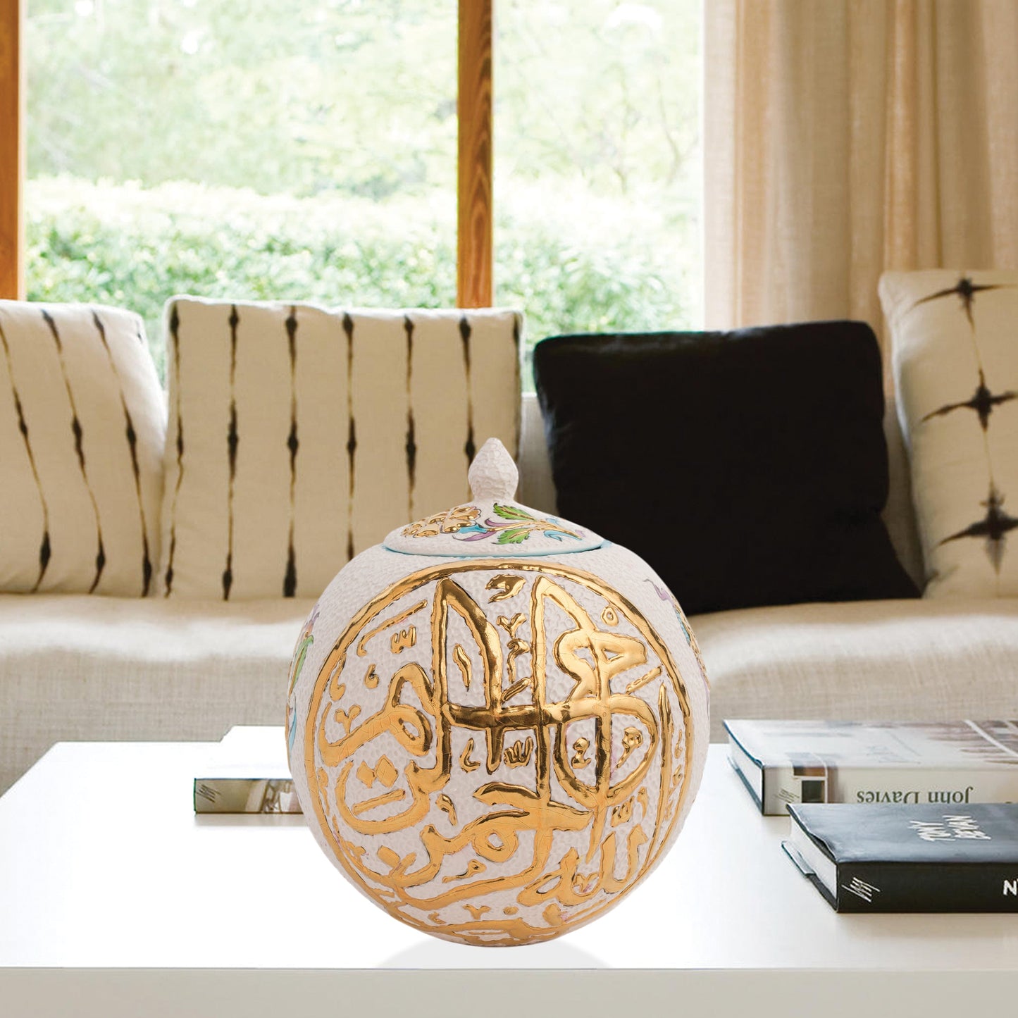 Hand-painted Gold Script globe jar with Arabic calligraphy and turquoise floral motifs. Spherical ceramic design with gold finial, perfect décor or gift.